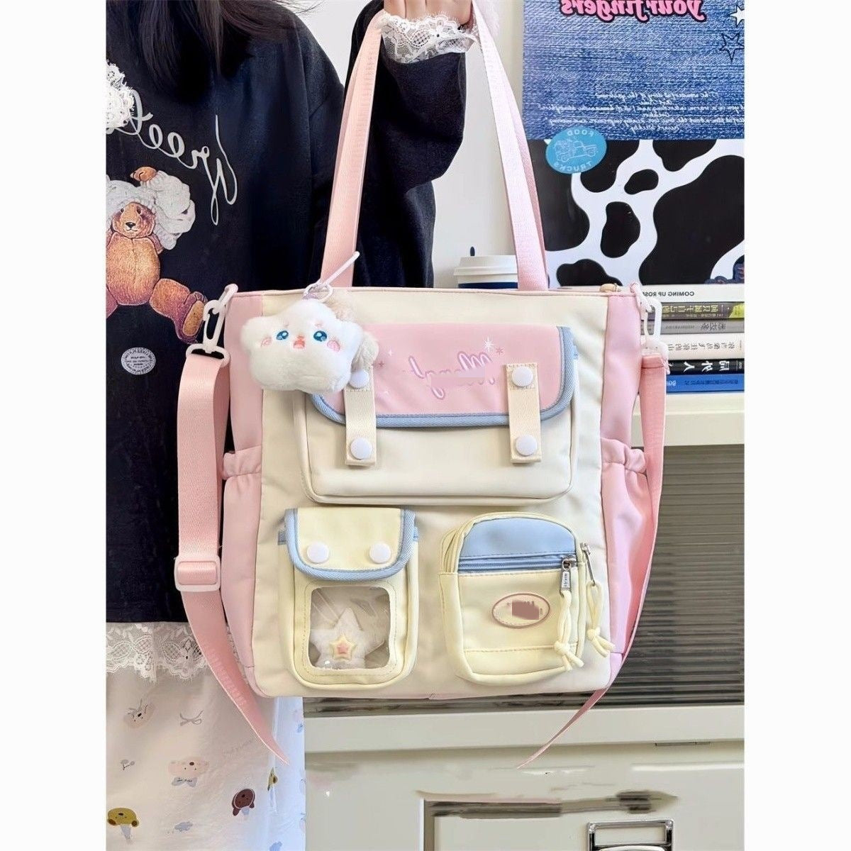 Cute Color-Blocking Student Tote Bag with Plush Keychain and Multiple Pockets for Daily Use