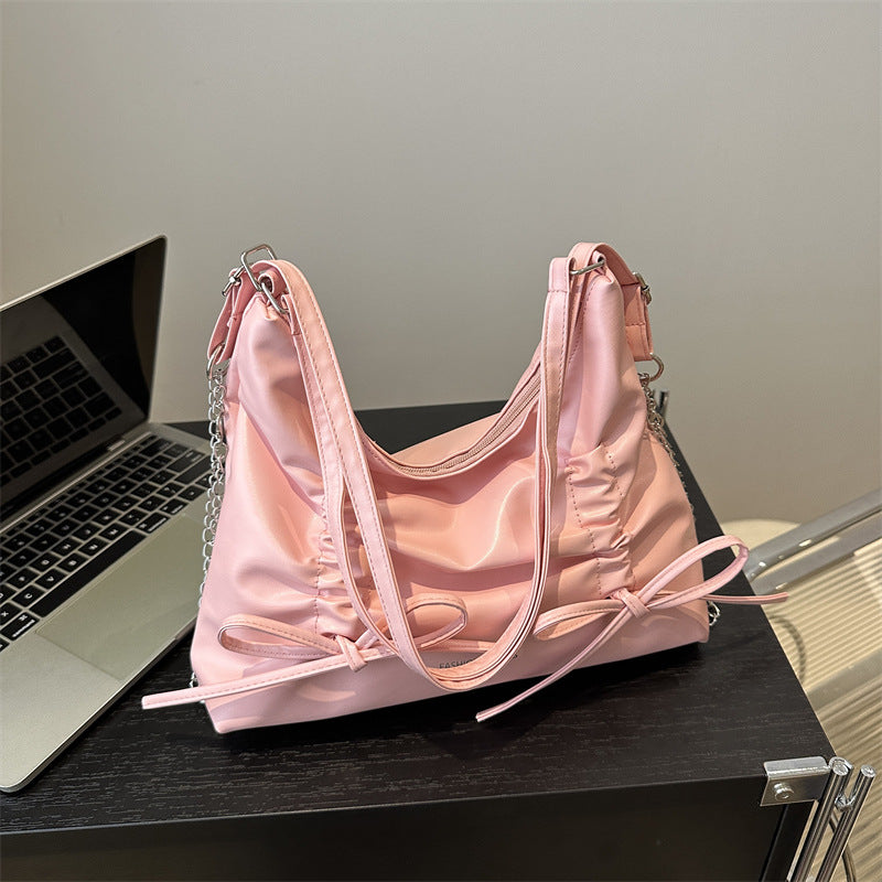New Pleated Bow Tote Bag Women's Large Capacity Commuter Shoulder Chain Design Urban Simple Style