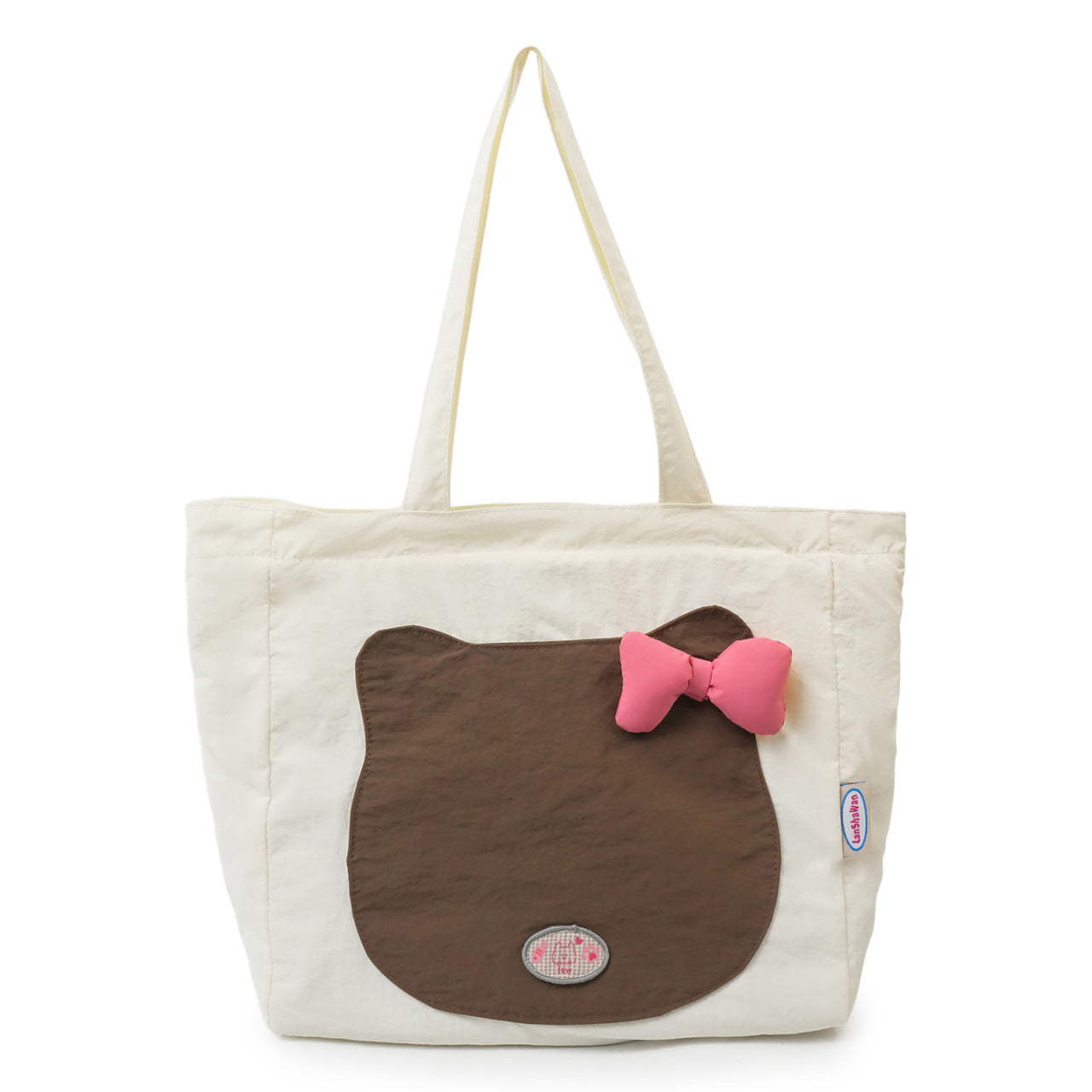 Cute Cat Face Tote Bag with Bowknot Design, Nylon Shoulder Bag for Daily Use and Shopping, Sweet Style