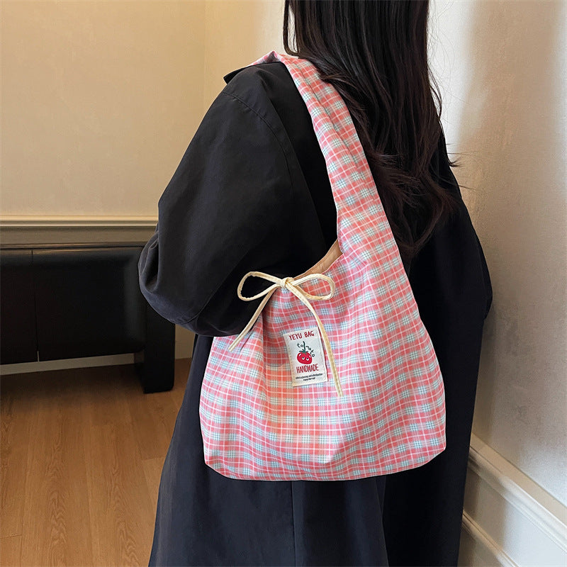 Korean Style Cartoon Tomato Plaid Tote Bag with Large Capacity, Fashionable Crossbody Bag for Students and Daily Use