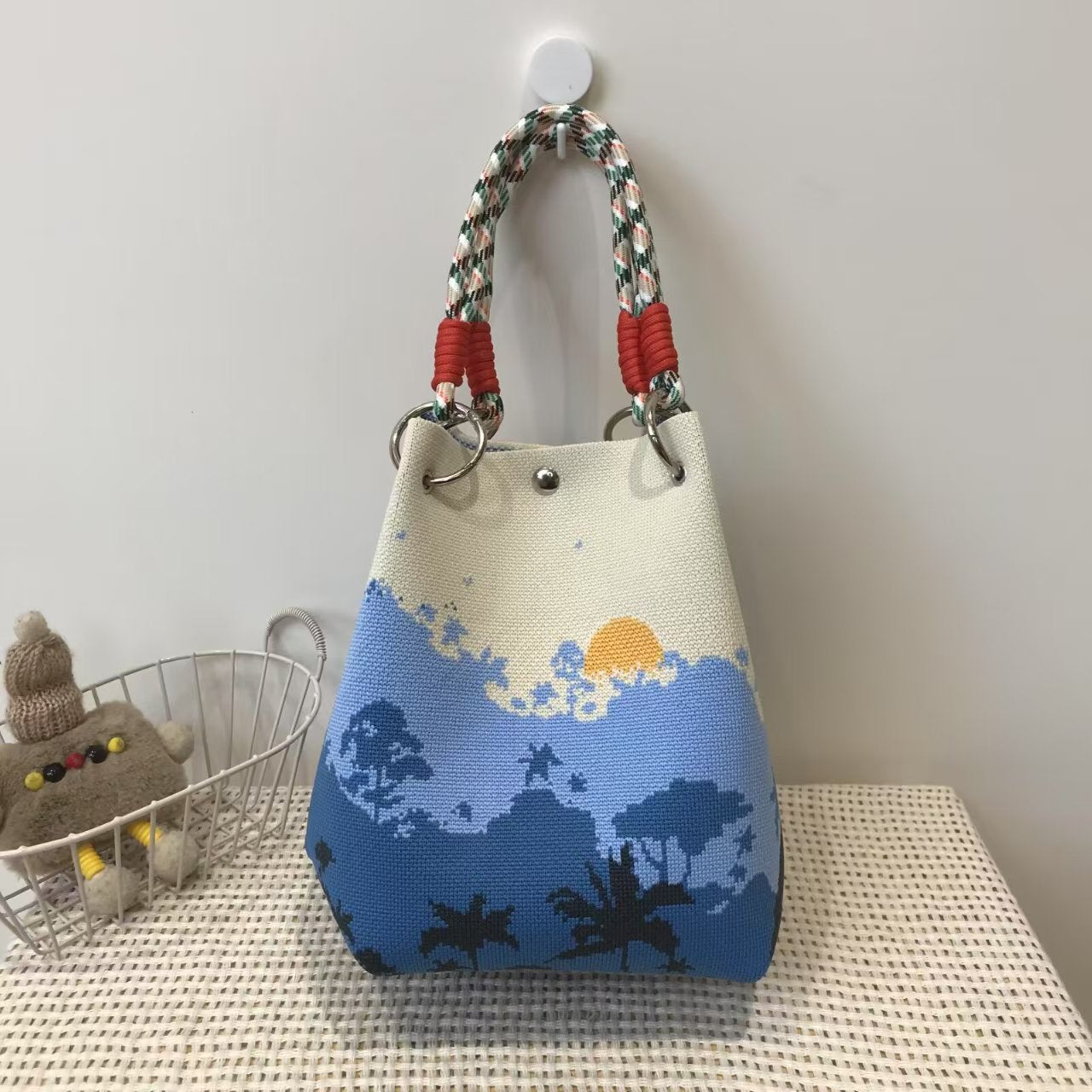 Black and White Rhombus Knitted Tote Bag Women's Casual Versatile Large Capacity Messenger Bag Handbag
