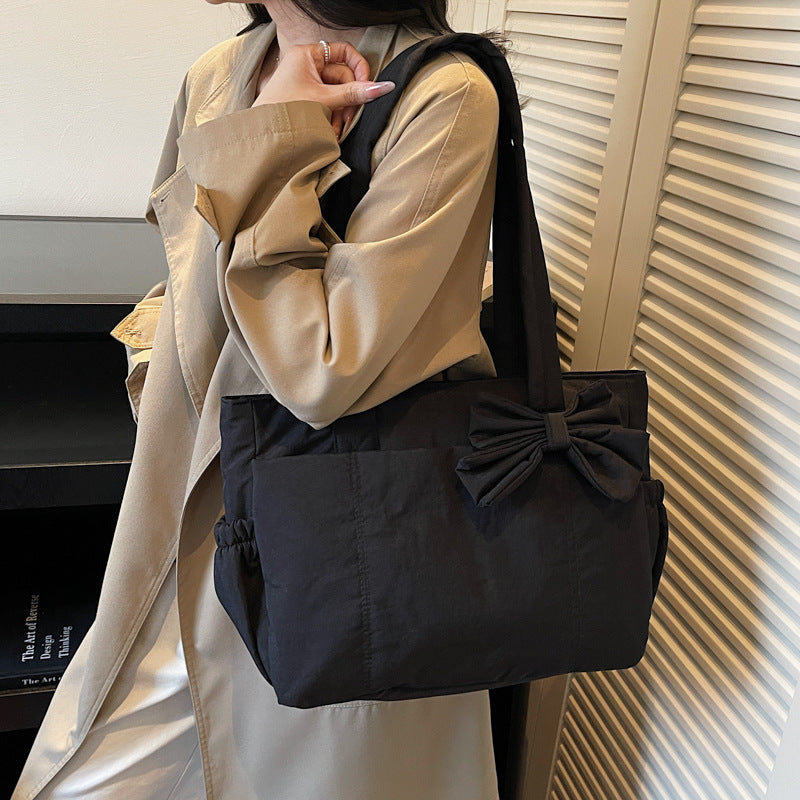 Chic Bow Detail Tote Bag with Large Capacity and Soft Cotton Fabric for Daily Use