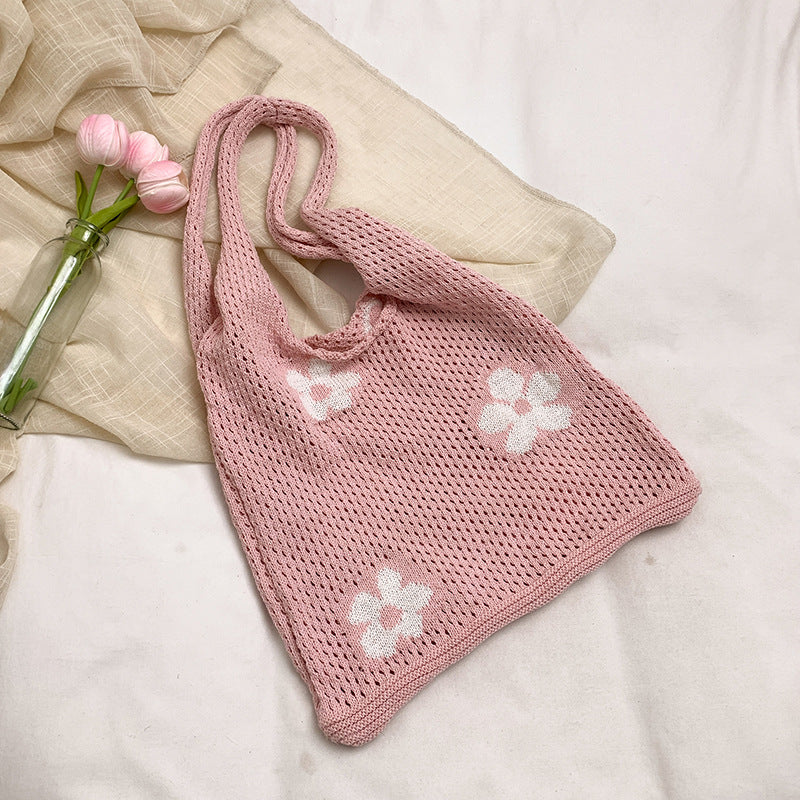 One Shoulder Bag Women's Japanese and Korean Retro Cotton Braided Knitted Handbag Flower Beach Vacation