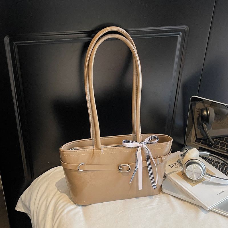 Korean Style Elegant Tote Bag 2025 Autumn New Fashion Simple Casual Shoulder Bag for Commuting with Checkered Ribbon Detail