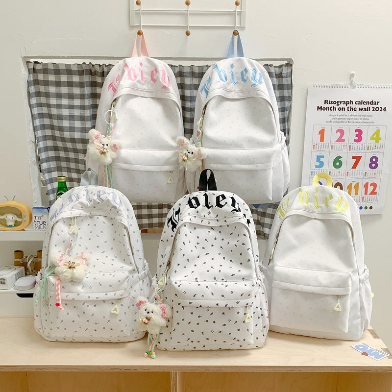 Cute Pink Letter Embroidery Backpack with Plush Keychain for Girls - Stylish and Functional School Bag