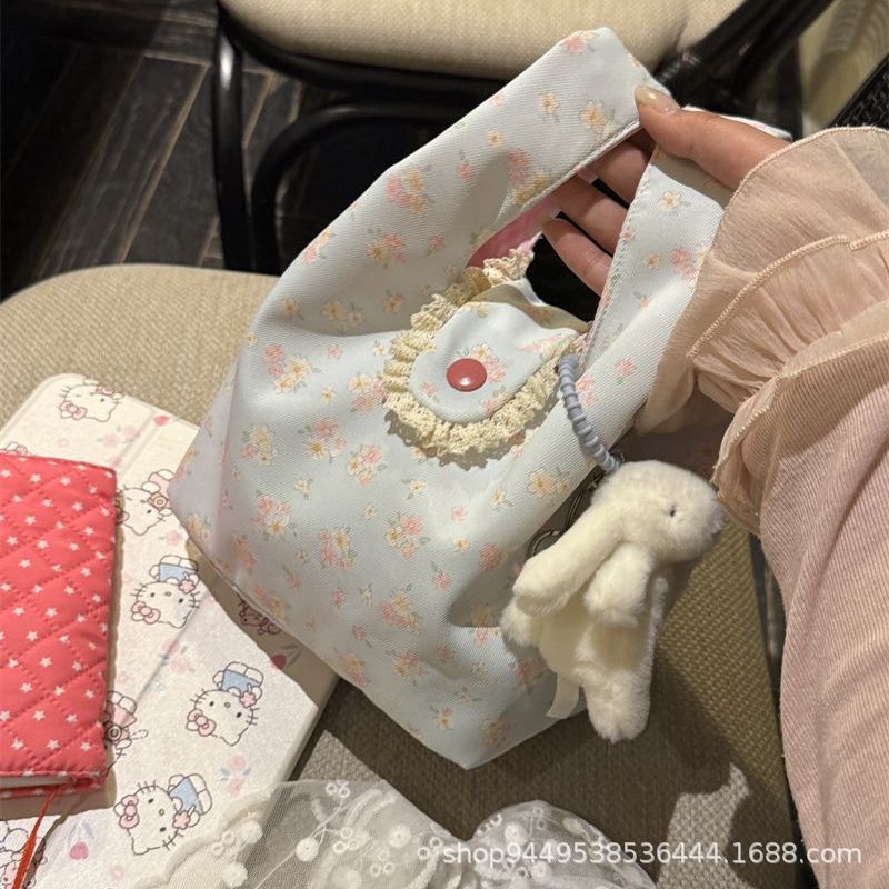 New Floral Canvas Bag for Female Students Simple Large Capacity Work All-Match Lightweight Lunch Box Bento Handbag