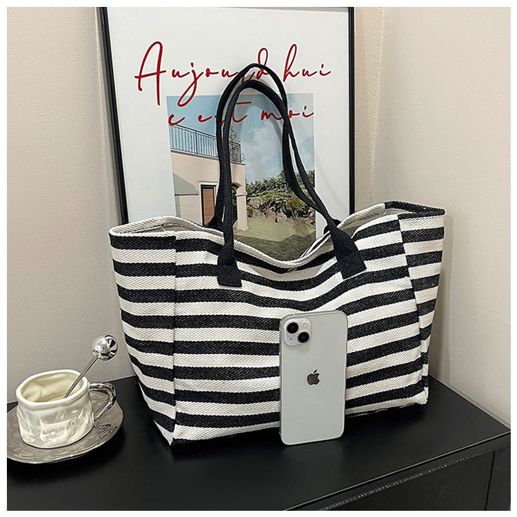 Commuter Canvas Bag Women's Large Capacity New Hand-Carrying Striped One-Shoulder Mummy Tote Bag
