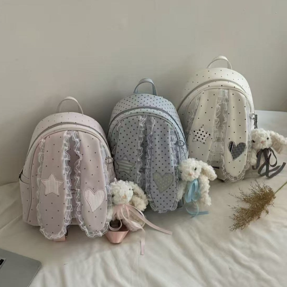 Korean Cute Backpack with Polka Dots and Lace Trim, Rabbit Ears Design, Large Capacity Daily School Bag for Women