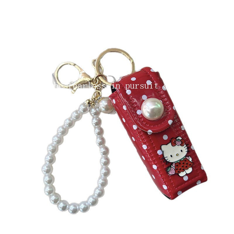 Korean Style New Retro Dots Cartoon Cat Lipstick Pack Pearl Exquisite High Sense Versatile Pendant Keychain for Women
