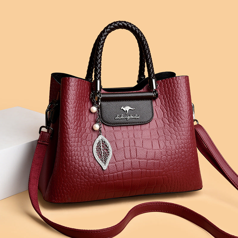 Women's Tote High-Grade Large Capacity Crocodile Pattern Leaf-Shaped Decorative Pendant Everyday Joker Crossbody Shoulder Bag