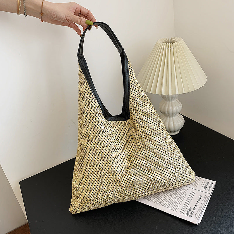 Fashion Straw Tote Bag Women's Large Capacity Hollow Design Casual Beach Shoulder Bag