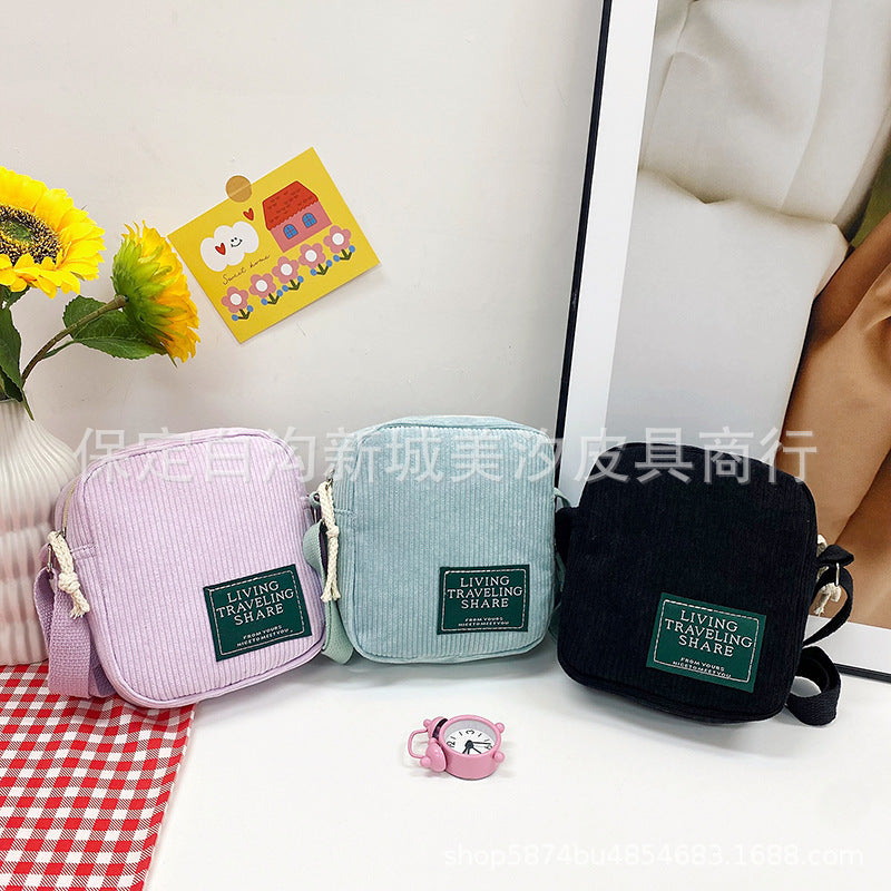 Corduroy Small Square Bag Women's Shoulder Bag Korean Simple Messenger Bag Zipper Closure Strap Mobile Phone Bag