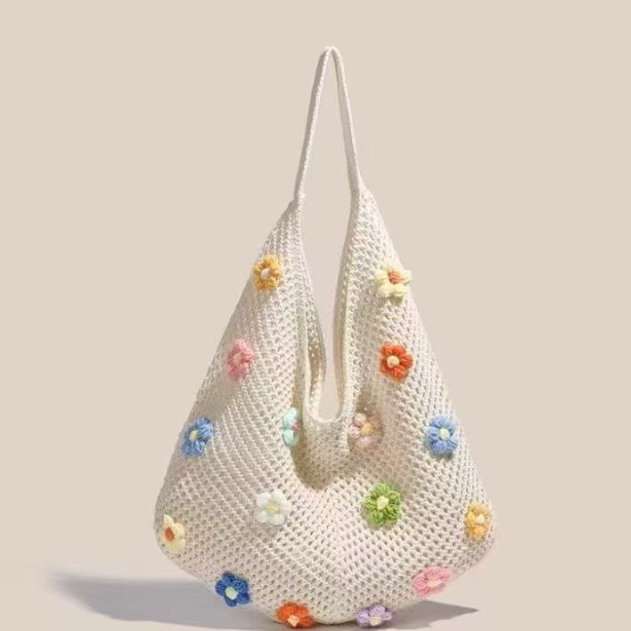 Women's Shoulder Bag Artistic Style Crocheted Daisy Tote Bag Beach Vacation Lightweight Shoulder Bag Leisure Travel Essential Woven Handbag