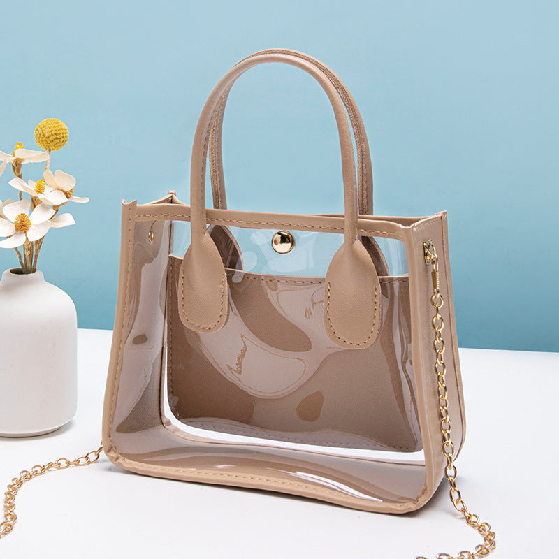 Women's Cross-Body Bag Handbag Transparent PVC Tote Bag with Leather Edge Chain Crossbody Handbag