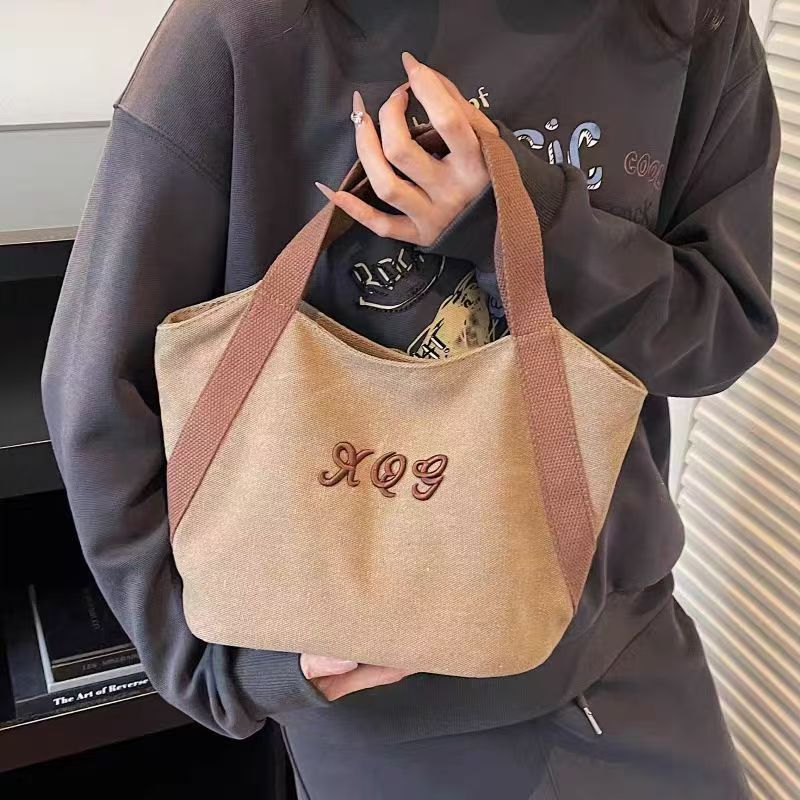 2025 New Simple Canvas Tote Bag with Embroidery Design for Daily Commute and Lunch Carry
