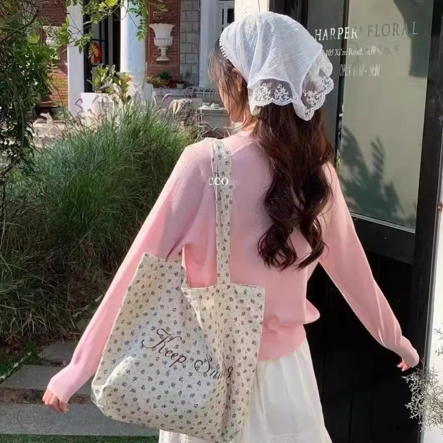 French Floral Letter Canvas Women's Tote Large Capacity Shoulder Bag Women's Leisure Travel Commuter's All-Matching Fashion Style