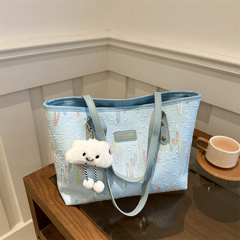 Leisure Commute Large Capacity Bag Women's New Fashion Shoulder Striped Embroidered Tote Bag