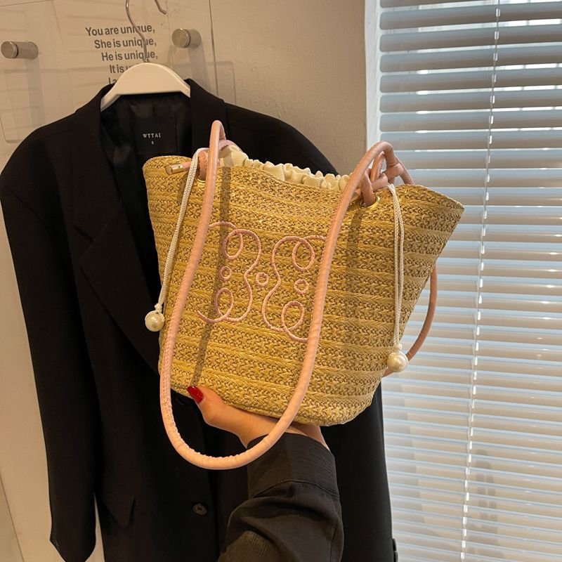 2025 New Fashion Woven Bucket Bag for Women, Retro Style Straw Tote with Pearl Details and Double Handles