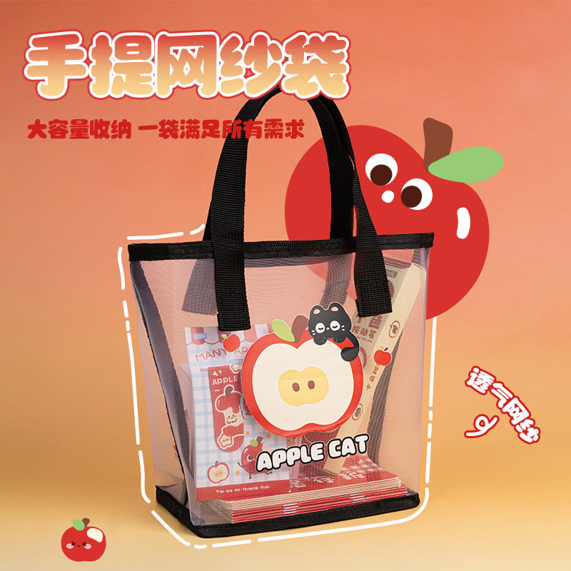Cute Apple Cat Mesh Tote Bag - Transparent Portable Storage Bag for Travel, Makeup, Stationery and Daily Use