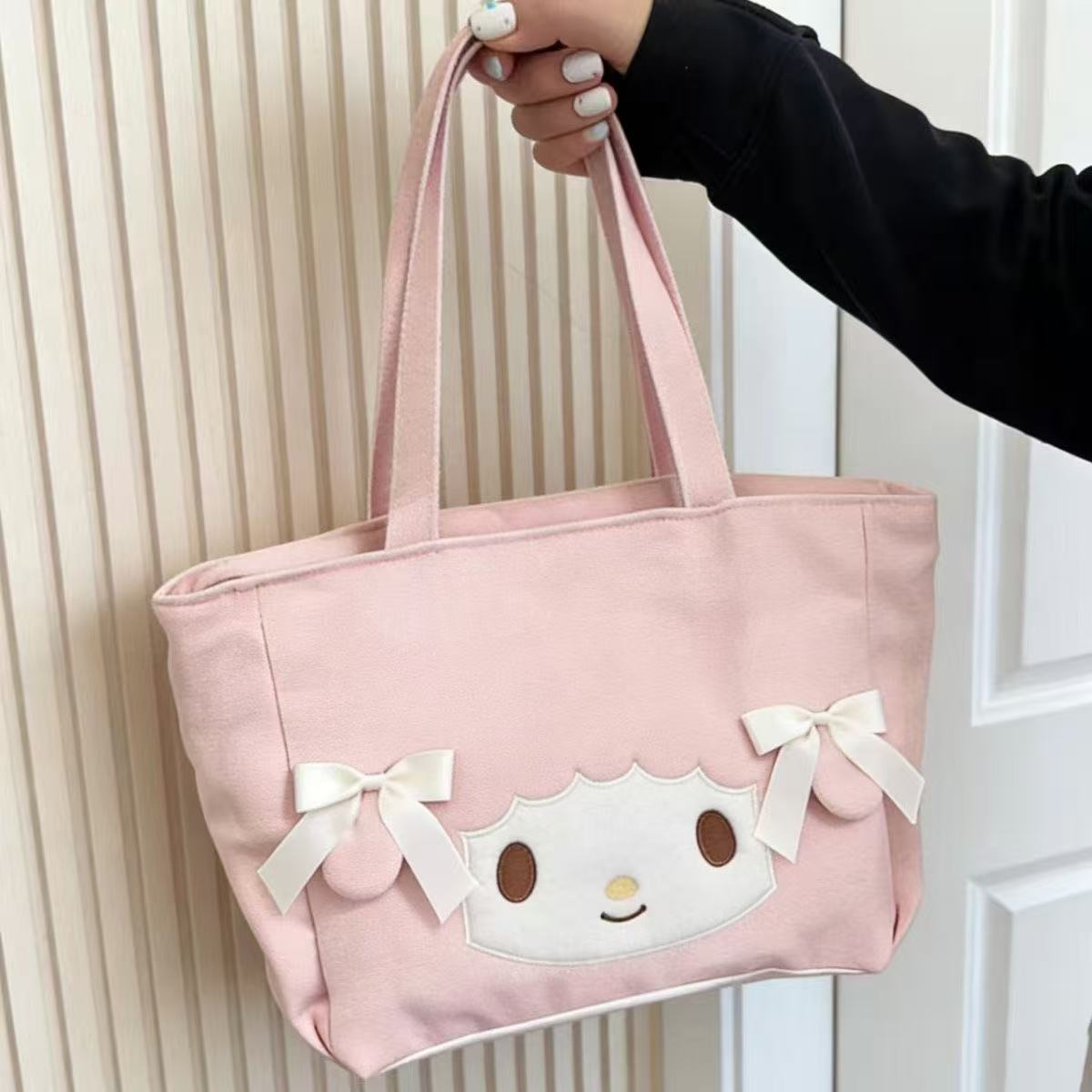 Cute Cartoon Tote Bag with Embroidered Design, Large Capacity Canvas Shoulder Bag for Daily Use