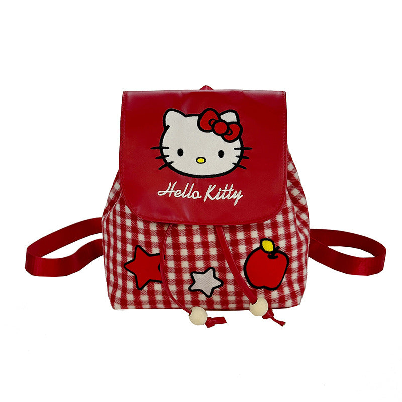 Cute Cat Flip Backpack Plaid Large Capacity Girls Schoolbag Suitable for Campus and Travel