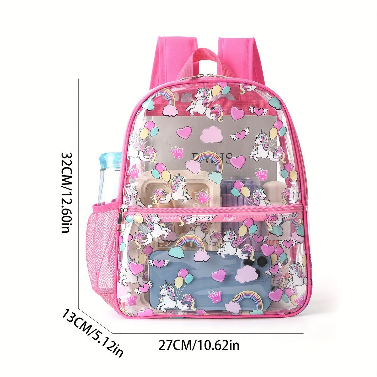 Cute Cartoon Printed Transparent Backpack for Kids, Waterproof PVC School Bag with Dual Compartment and Unicorn Design