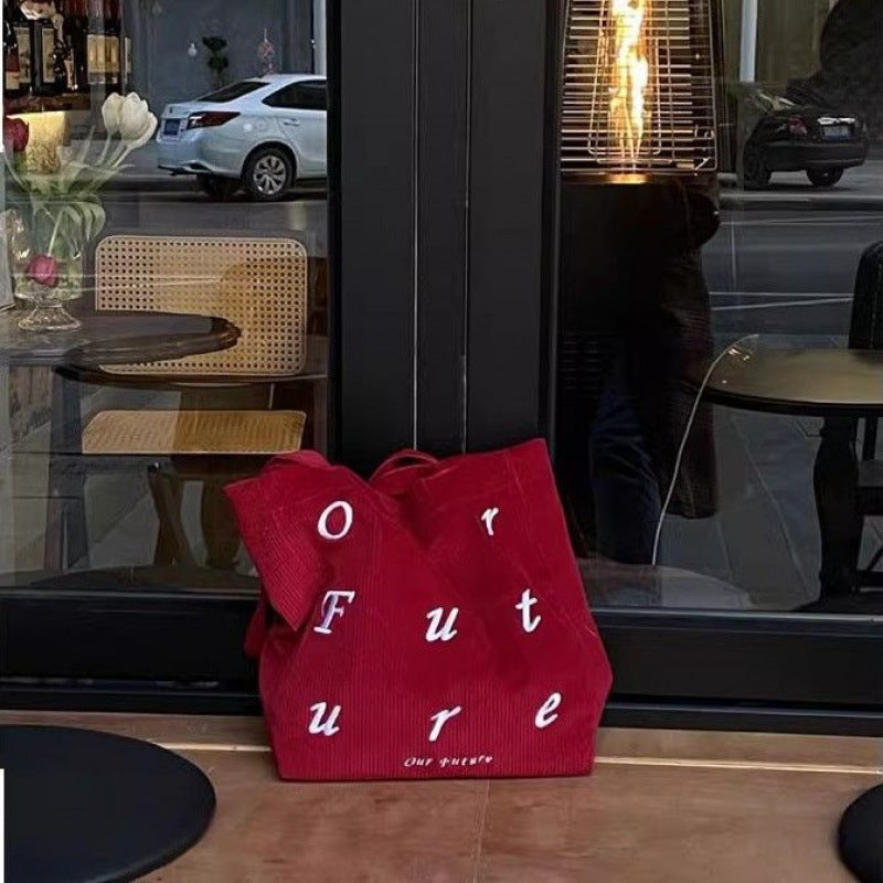 Vintage Corduroy Tote Bag with Embroidered 'Our Future' Design, Stylish Everyday Shoulder Bag for Women