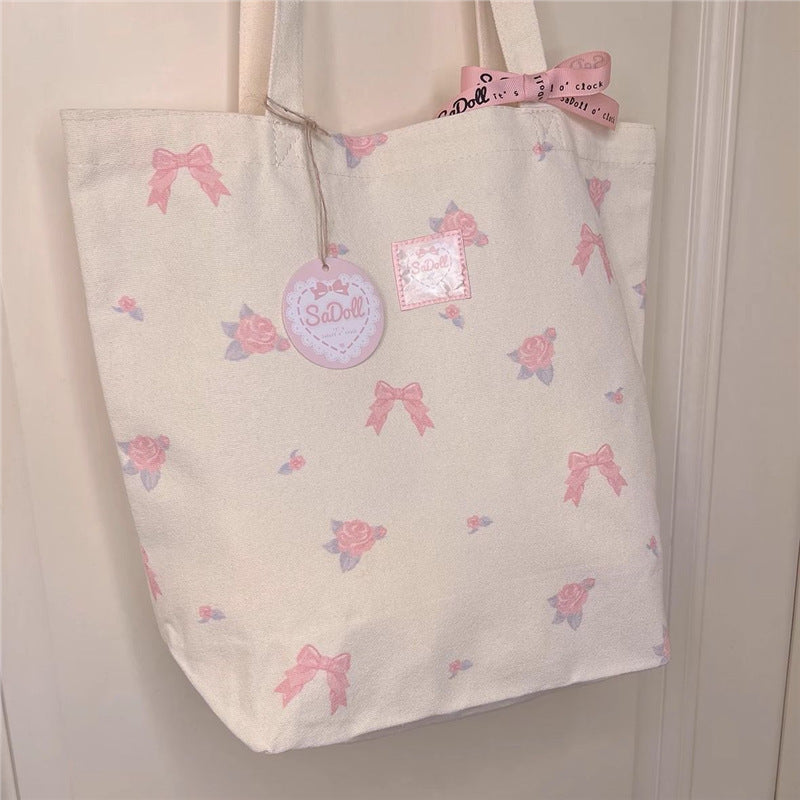 Cute Floral Tote Bag 2024 Pastel Bow Print Canvas Shoulder Bag for Women, Romantic Everyday Style