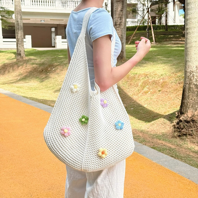 Women's Shoulder Bag Hollow Knitted Flower Tote Bag Women's Idle Style Shoulder Bag Everyday Joker Fashion Woven Bag