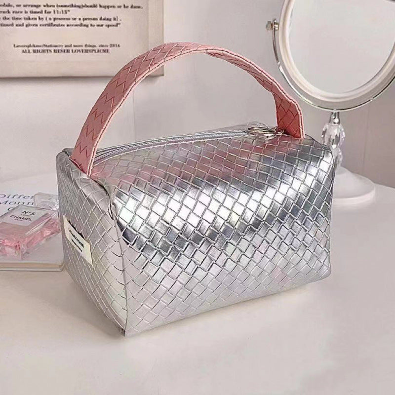 2023 New Weaved Texture Handheld Cosmetic Bag with Silver Accents, Portable Makeup Organizer for Daily Use