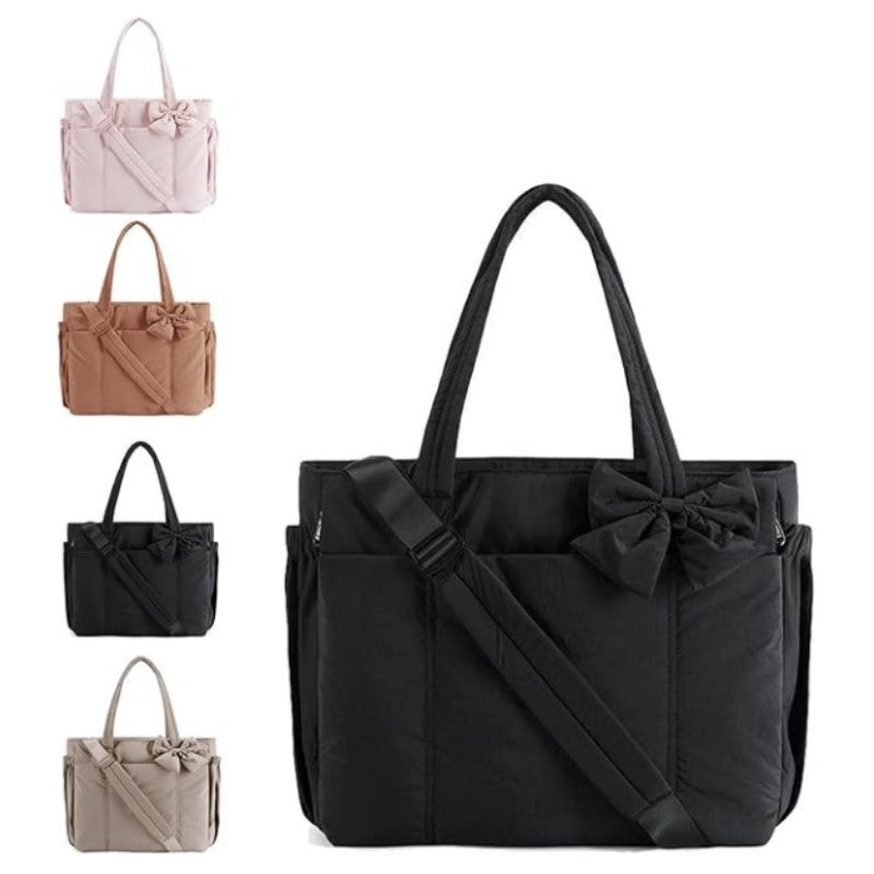 Large Capacity Tote Bag with Bow Detail, Nylon Casual Travel Shoulder Bag for Women, Multiple Pockets and Adjustable Strap