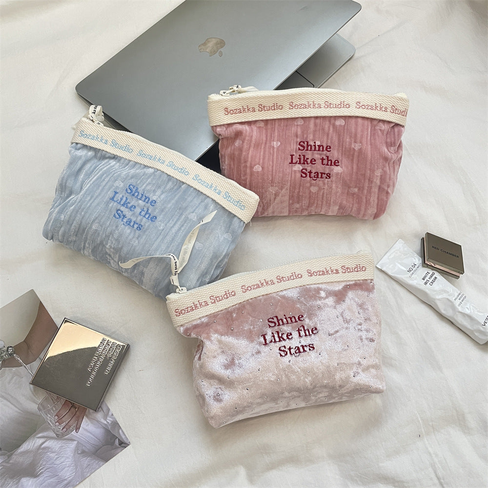 Ladies Cosmetic Bag Velvet Embroidery Cosmetic Bag Starlight Shining Design Good-looking Buggy Bag