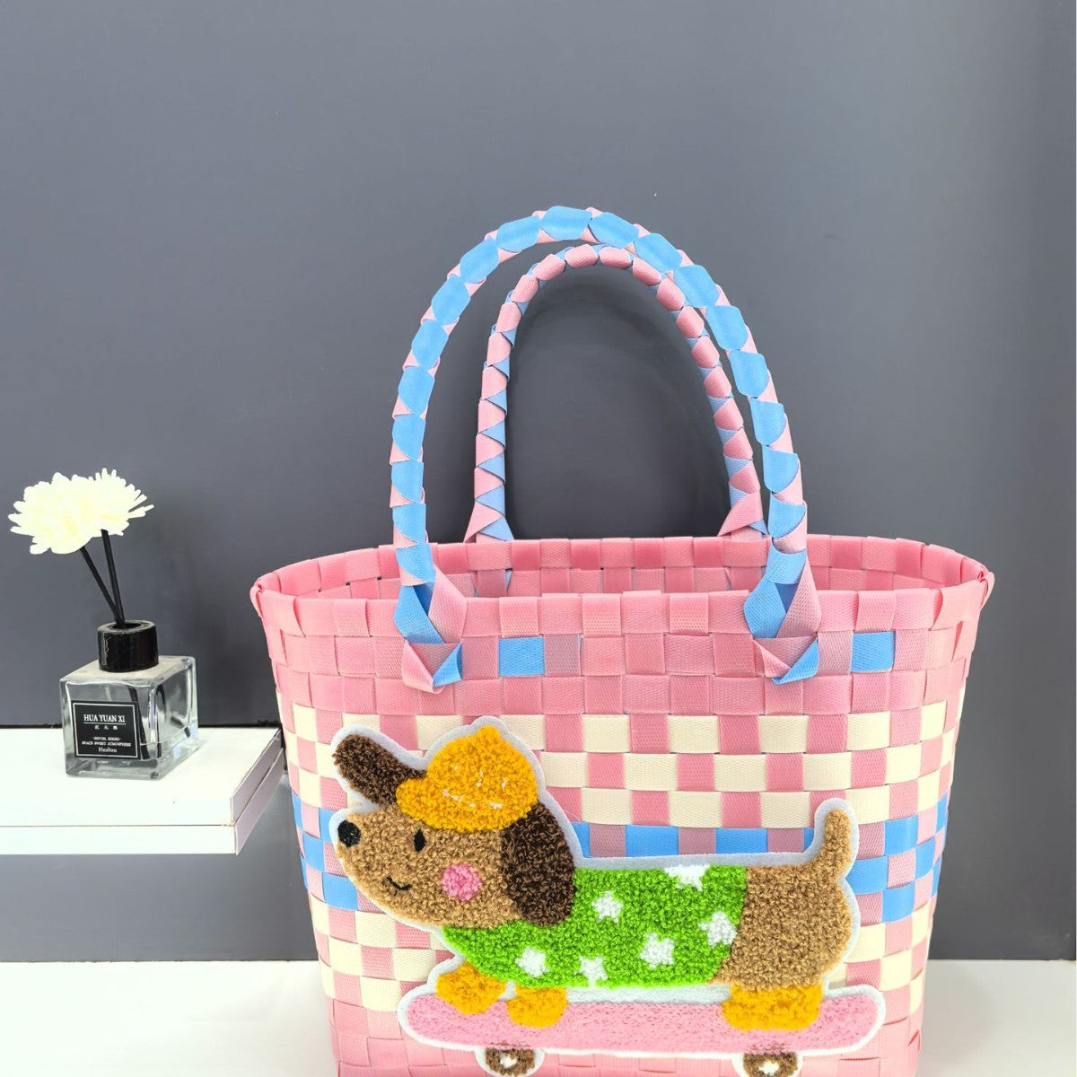 Spring Outing Picnic Bag Portable Plastic Woven Bag Large Capacity Woven Bag Cute Pink Fresh Color Matching Plaid