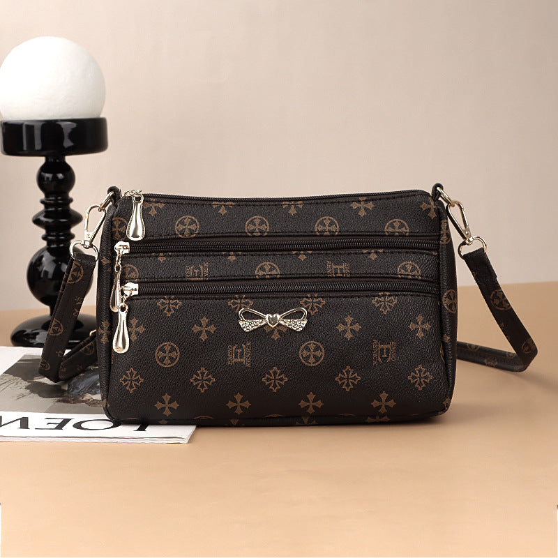 New Wide Bottom Large Capacity Korean Style Printed Shoulder Messenger Bag for Middle-Aged Mothers Women's Mobile Coin Purse