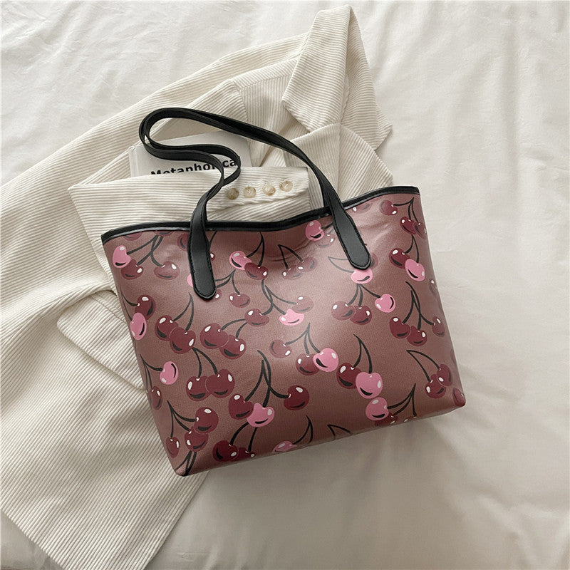 Cherry Printed Tote Women's Fashion Large Capacity Shoulder Bag New Simple Handbag