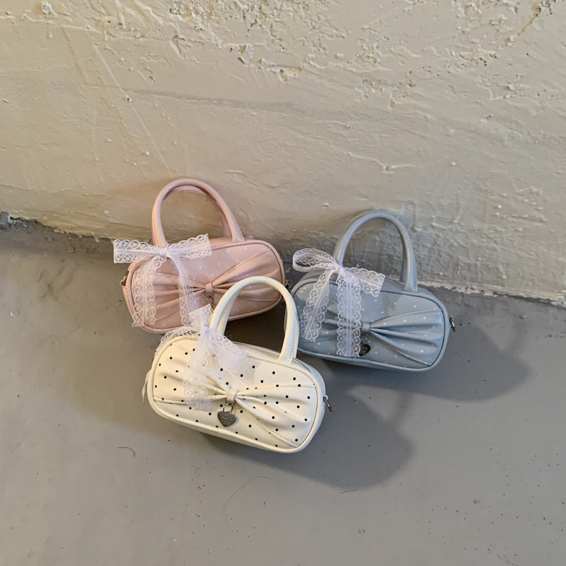 Cute Polka Dot Bowknot Boston Bag for Women, Mini Crossbody Handbag with Lace Detail and Zipper Closure, Perfect for Summer Daily Outfits