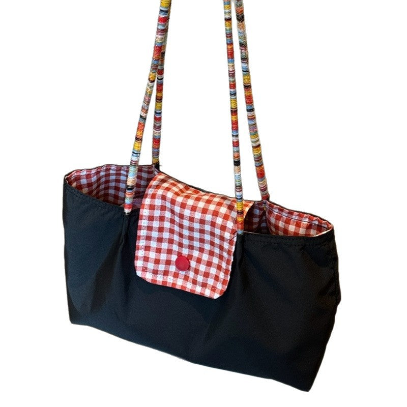 New Large Capacity Denim Shoulder Portable Checked Canvas Bag All-Match Commute Retro Casual Tote Bag Women