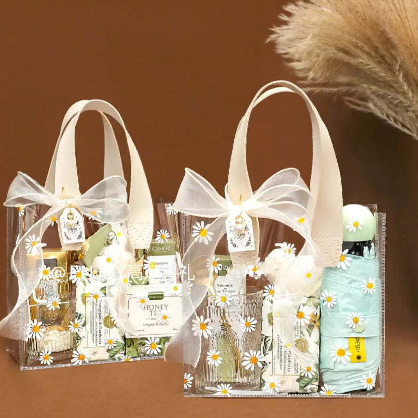 Chic Transparent PVC Tote Bag with Floral Print and Satin Handle for Gift Packaging and Everyday Use