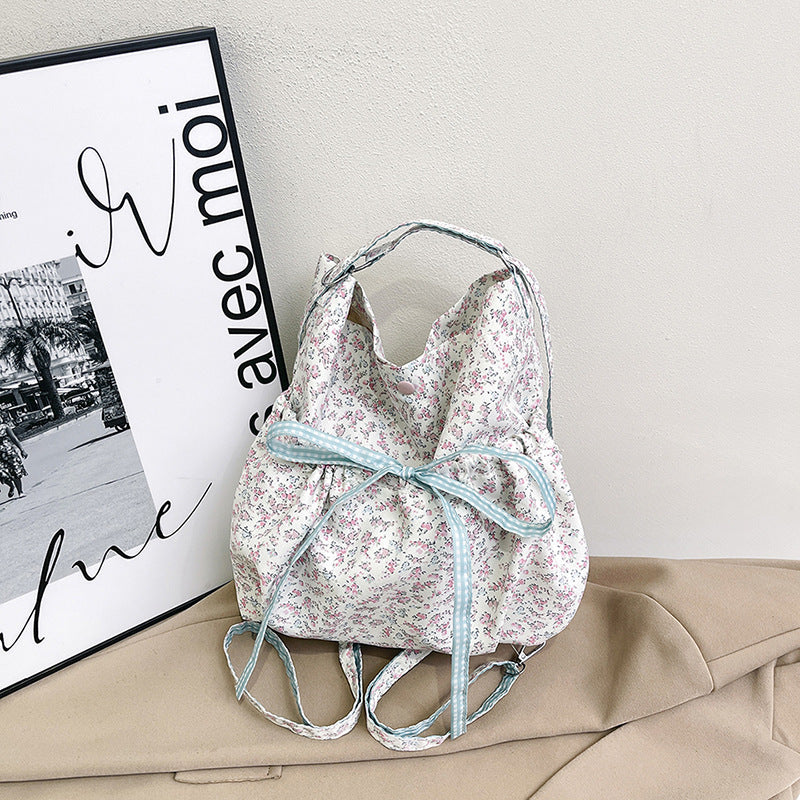 Women's Floral Nylon Backpack Student Party Korean Style Idle Style Cute Large Capacity Shoulder Messenger Bag Drawstring Design
