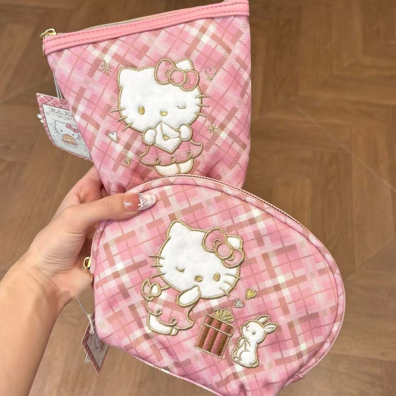 Retro Plaid Kitty Storage Bag Women's Portable Outing Small Embroidery Cute Student Cosmetic Bag