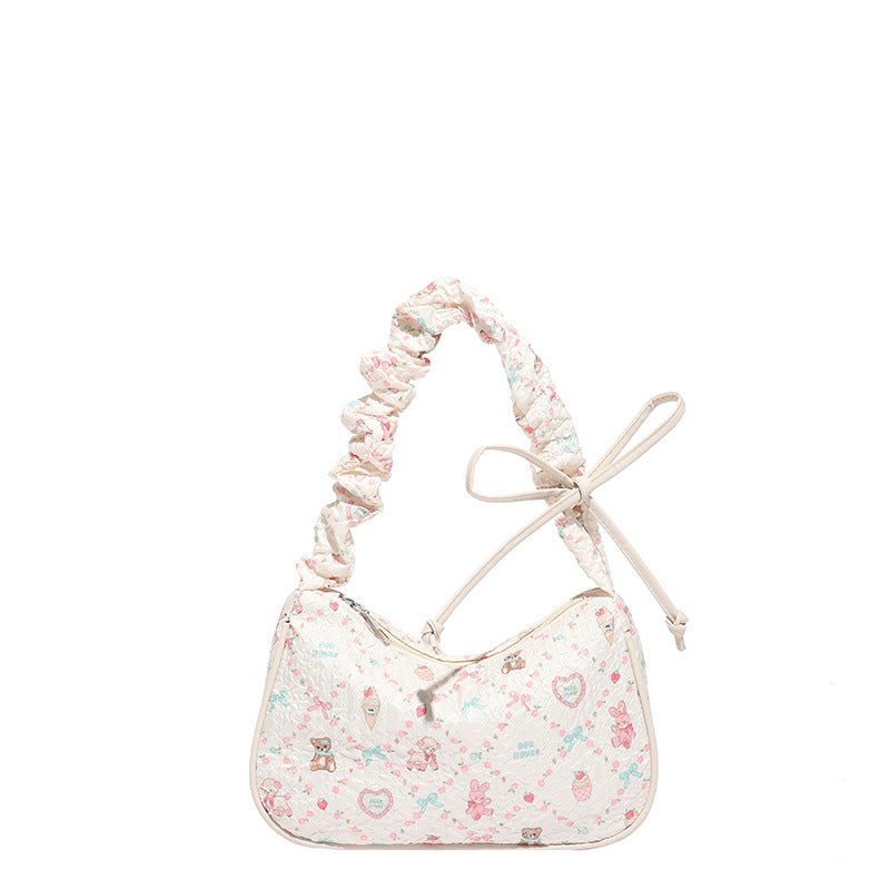 Cute Floral Quilted Crossbody Bag with Bow Detail for Women, Stylish Everyday Shoulder Bag with Zipper Closure and Inner Pockets