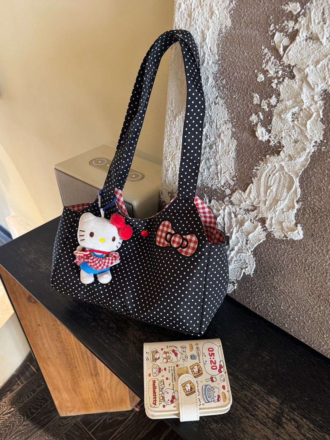 Cute Polka Dot Tote Bag with Red Checkered Bow and Hello Kitty Charm, Perfect for Daily Use