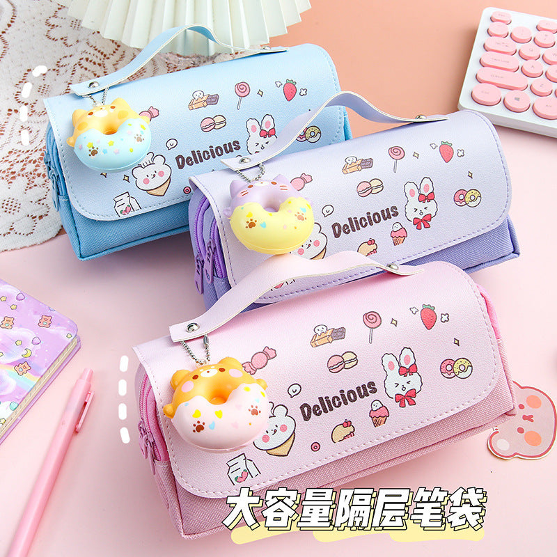 Cute Kawaii Pencil Case with Sweet Donut Charm and Multiple Compartments for Students