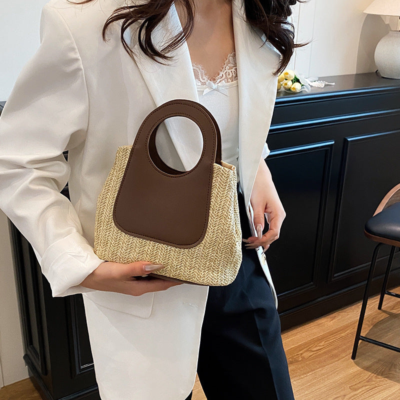 Summer Retro Color Contrast Patchwork Straw Bag Large Capacity Hand-Woven Bag Simple Fashion Shoulder Handbag