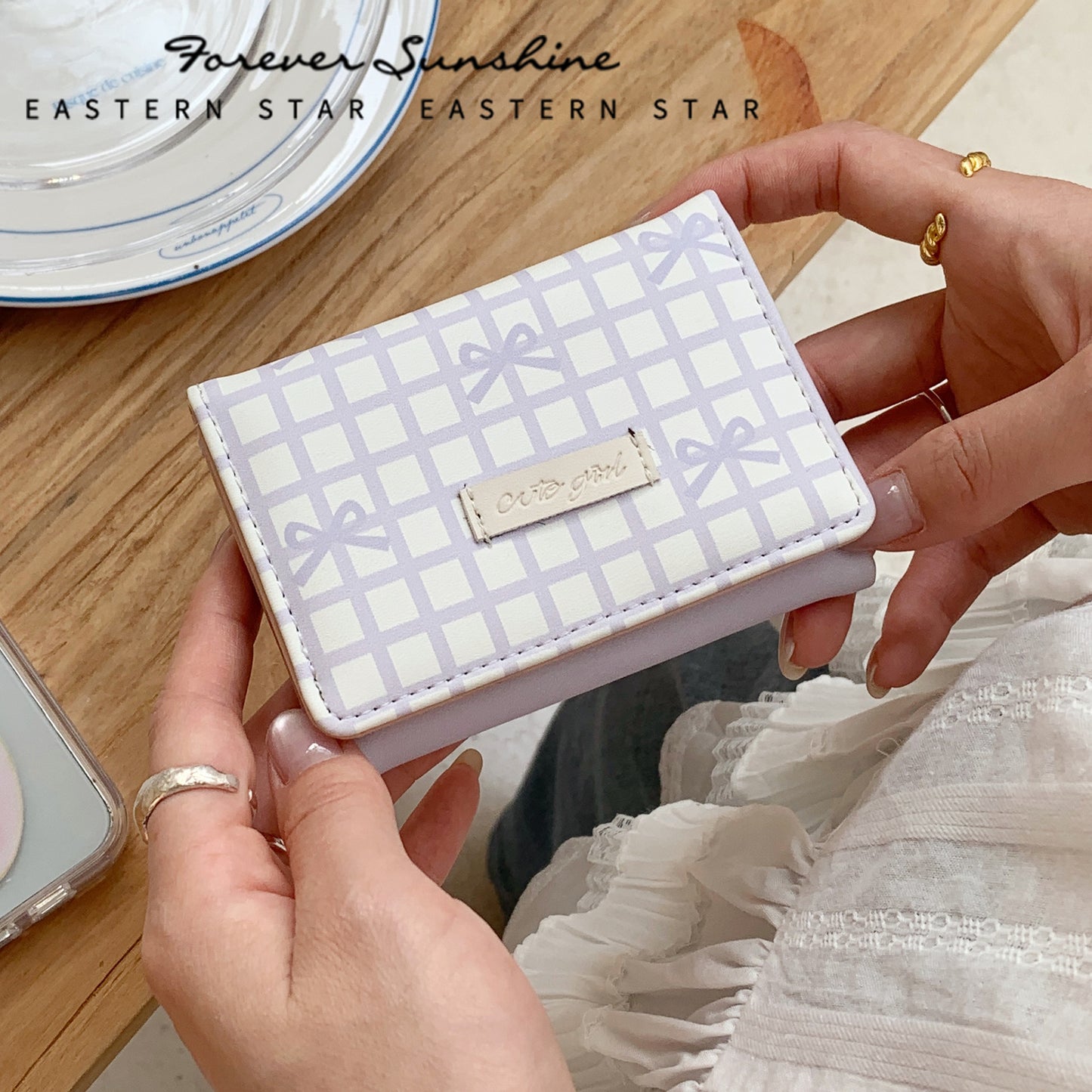 Cute Bow Grid Pattern Trifold Wallet for Women, Sweet and Simple Daily Style