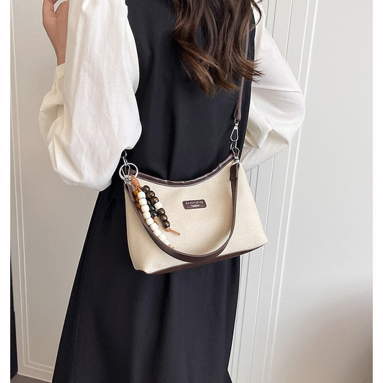 Chic Color-Blocking Canvas Shoulder Bag with Beaded Charm for Women, 2025 Summer Trendy Casual Tote