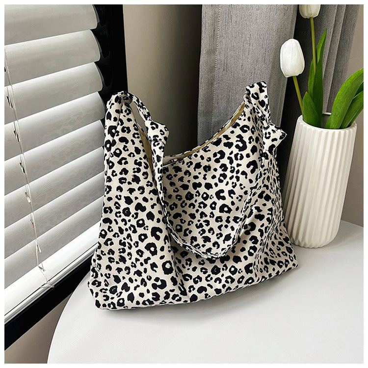 Leopard Print Canvas Tote Bag Women's Casual Shoulder Crossbody Bag Large Capacity Soft Style Fashion Trendy