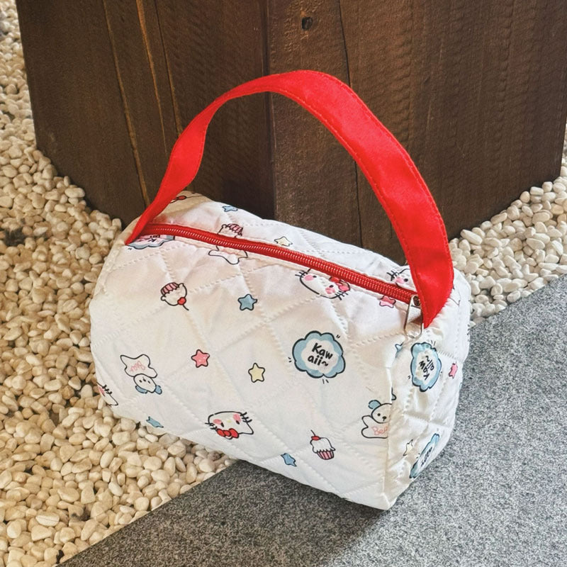 Cute Quilted Cosmetic Bag with Cartoon Print, Portable Makeup Organizer for Daily Use and Travel