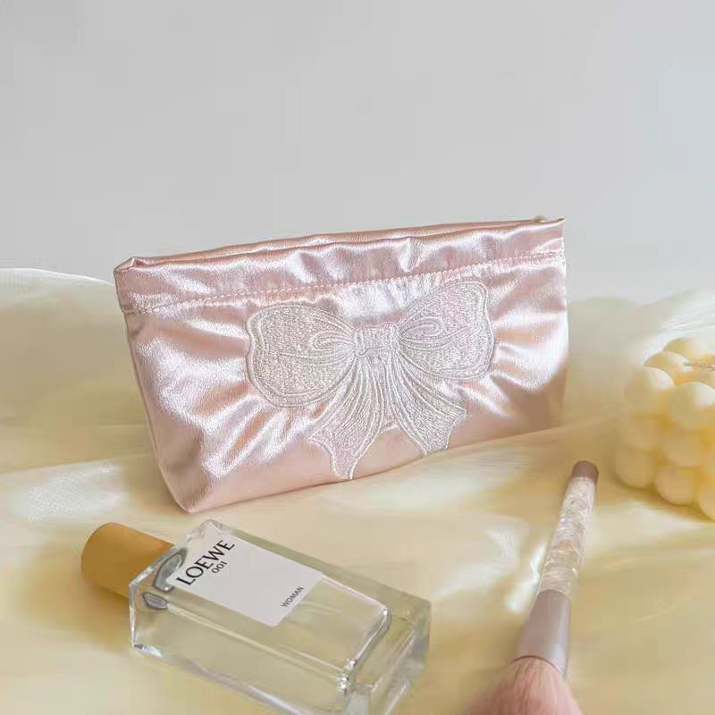 Women's Embroidered Bow Cosmetic Bag Smooth Satin Large Capacity Carrying Case Essential for Daily Travel