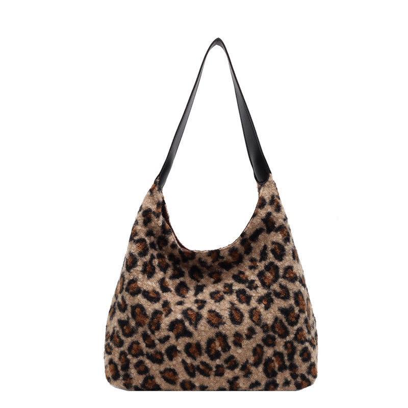 Large Capacity Leopard Print Plush Bag Women's New Special-Interest Design Shoulder Underarm Bag Commuter Tote
